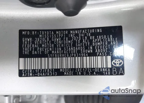 2018 Toyota Corolla Le из США, поврежденный, VIN 5YFBURHE6JP831964